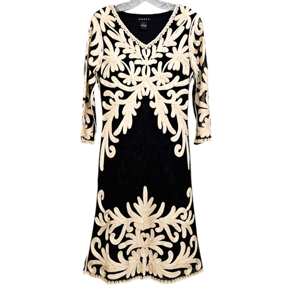 Nwot Weavz Black Mesh/ Creme Soutache Ribbon Embroidered Detail 3/4 Sleeve Dress